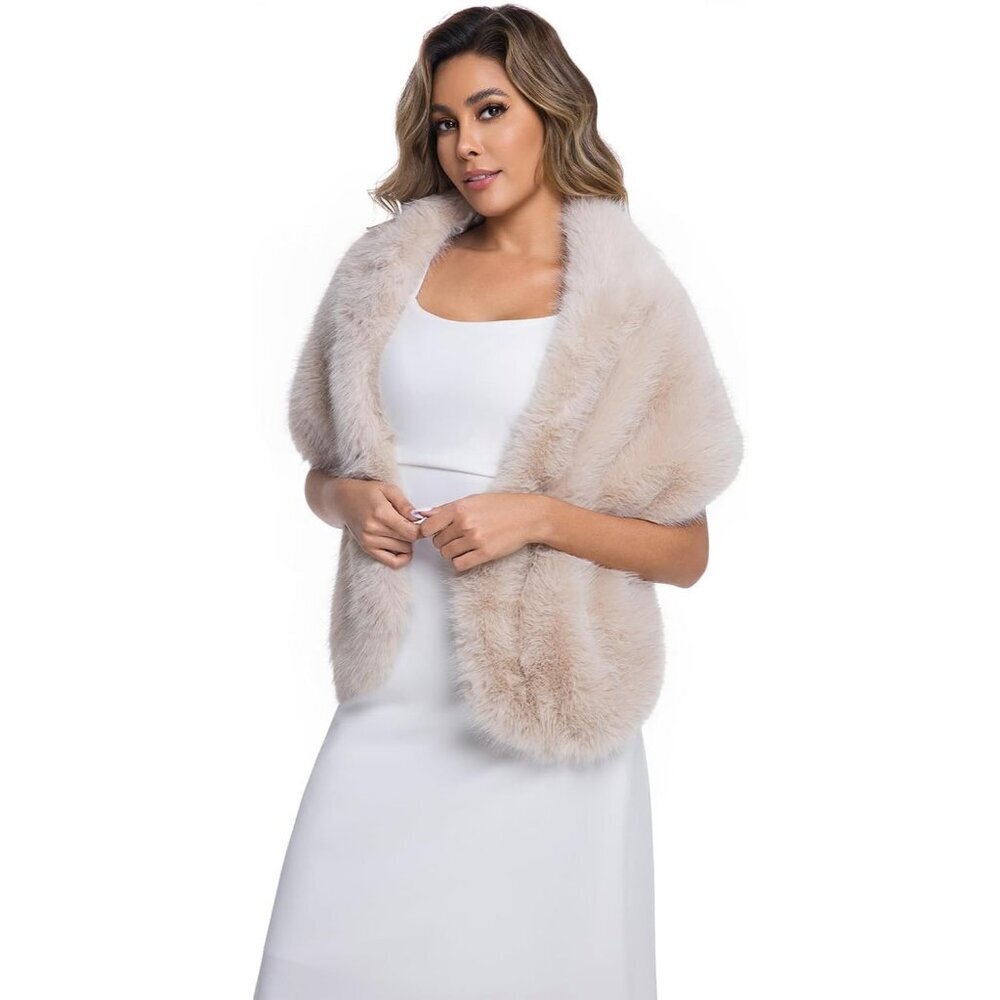 Women's Beige Faux Fur Winter Warm Wedding Neck Warmer Shawl Collar Scarf Stole - Picture 2 of 8